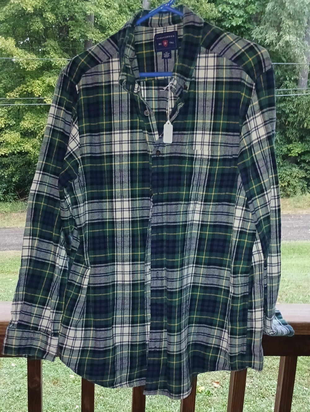 Saddlebred Men's Plaid Cotton Shirt Green & White XL Like New